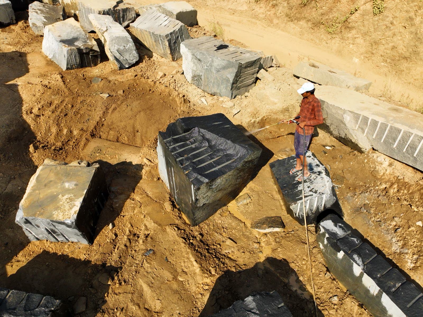 Granite blocks graded at the quarry